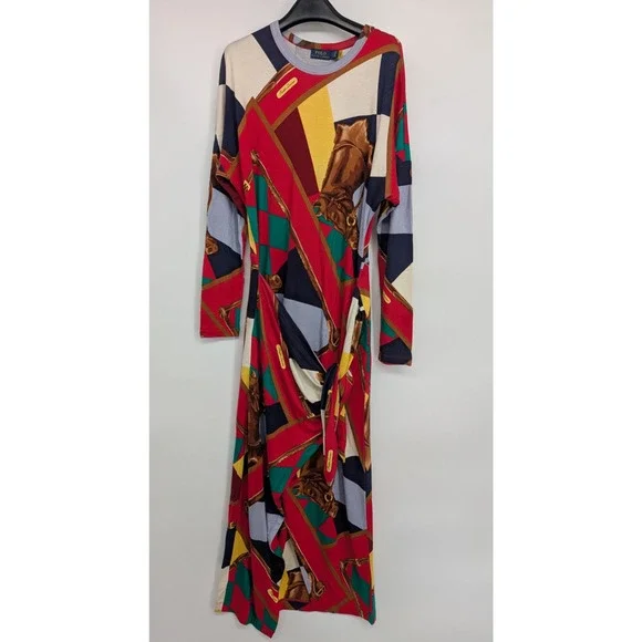 NWT Polo Ralph Lauren Scarf-Print Long-Sleeve Wrap Maxi Dress Sz S Red #2H461 - Picture 2 of 10